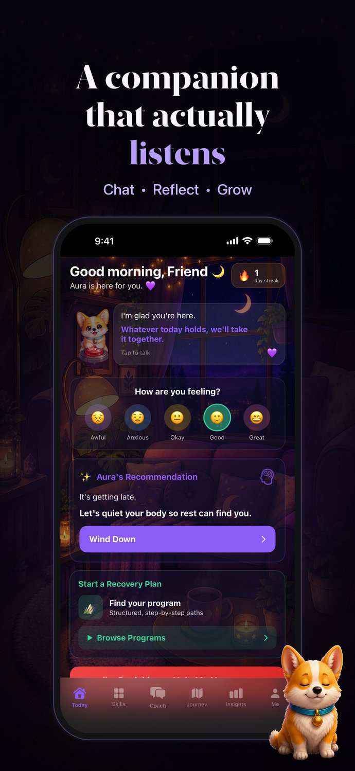 Aura home screen — mood check-in, AI companion, and daily recommendation