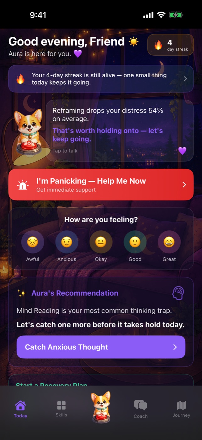 Home — daily check-in, streak, and one-tap panic support