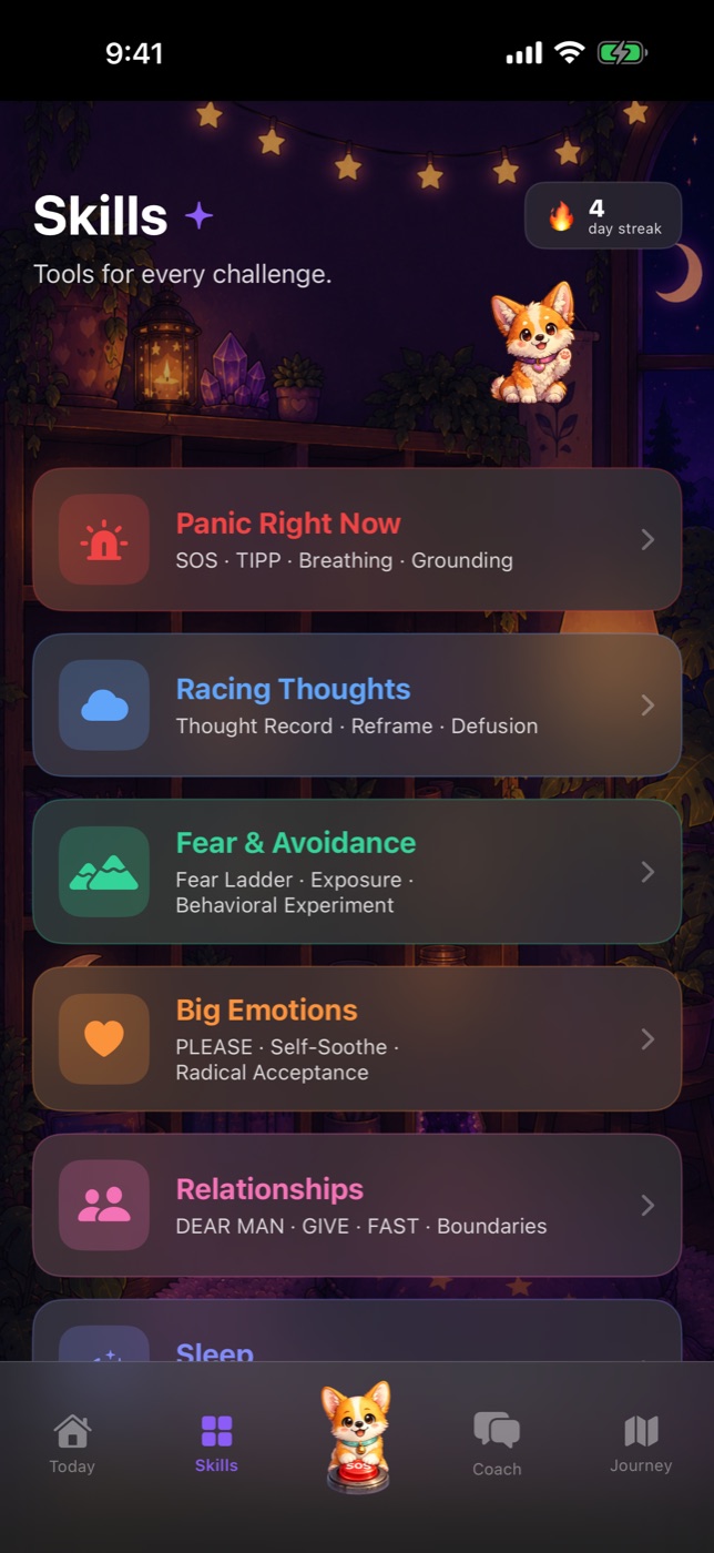 Skills library — TIPP, DEAR MAN, thought records, exposure ladders